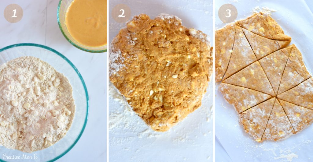 Classic pumpkin spice scones steps showing the dry ingredients and the wet ingredients seperated followed by the pumpkin dough being formed. The dough on the right is rolled out and cut into triangles. 