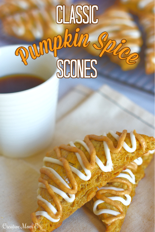 Classic pumpkin spice scones Pinterest pin with a cup of coffee in the picture.