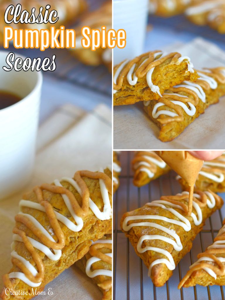 Classic pumpkin spice scones Pinterest pin with 3 different pictures of pumpkin spice scones. 