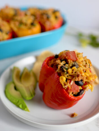 Red stuffed bell pepper on a white plate with avocado on the side.