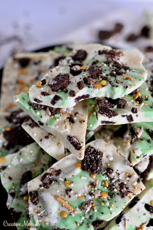 A stack of St. Patrick's Day chocolate bark with green and gold