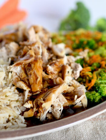 Chicken Teriyaki with broccoli, carrots and rice.