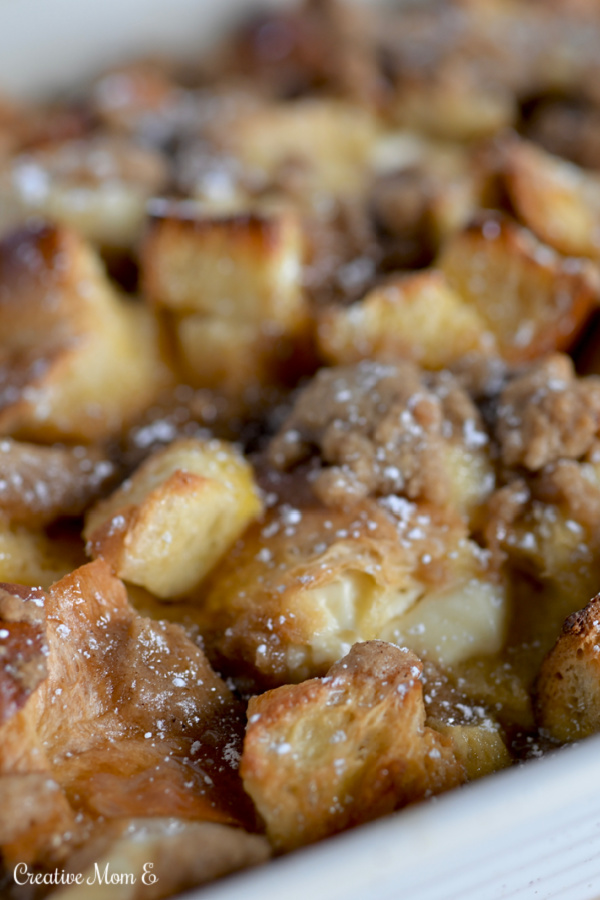 French Toast Casserole dusted with powdered sugar. 