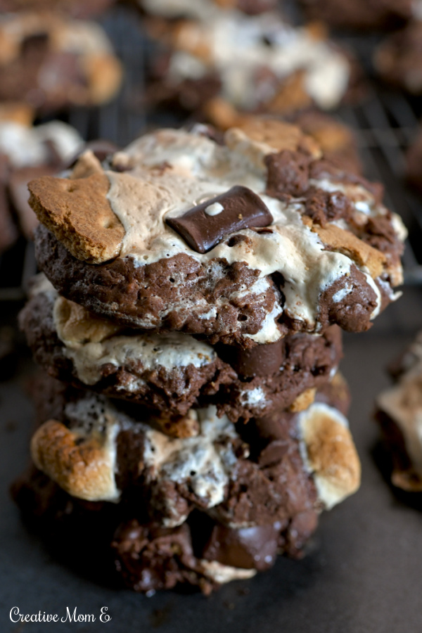 A stack of gooey chocolate s'mores cookies