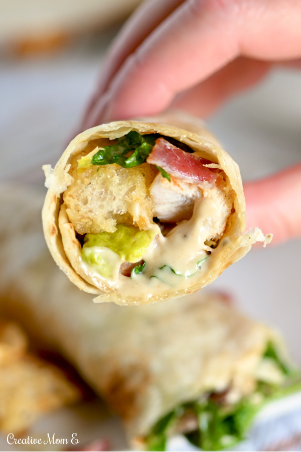 A hand holding a cast iron chicken caesar wrap.